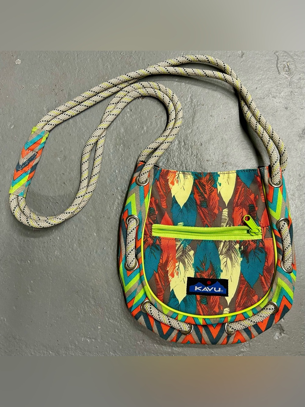 Kavu Feather Print Crossbody Bag - Teal, Red, Yellow, Neon Green